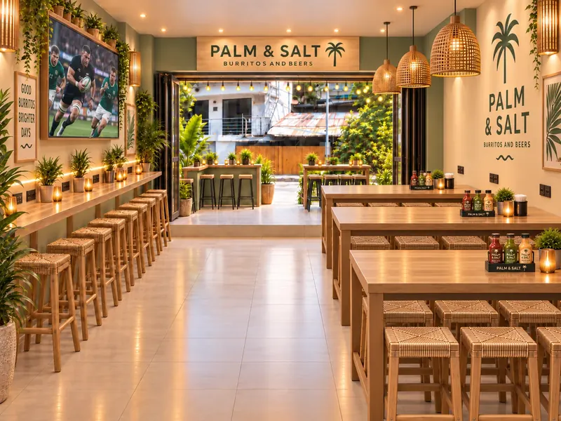 Palm and Salt interior design looking out through the open entrance to the island street