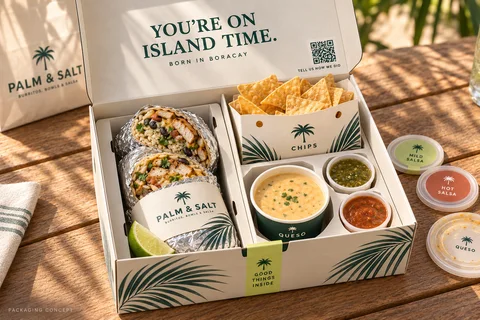 Palm and Salt open burrito box with chips, queso and salsa packaging design
